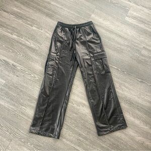 Black faux leather cargo joggers pants paper bag drawstring waist